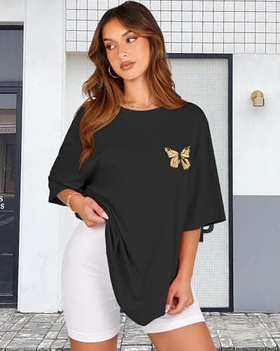 ADOREJOY Womens Oversized T-Shirt Summer Short Sleeve Tops Casual Boyfriend Shirt Loose Fit Tees(Aa Black Brown Butterfly,2XL) — view 2