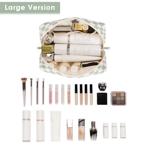 Narwey Checkered Makeup Bag Travel Cosmetic Bag Organizer Toiletry Bag Make Up Bags with Compartments for Women Girls (Large, Mint Green Checkerboard)