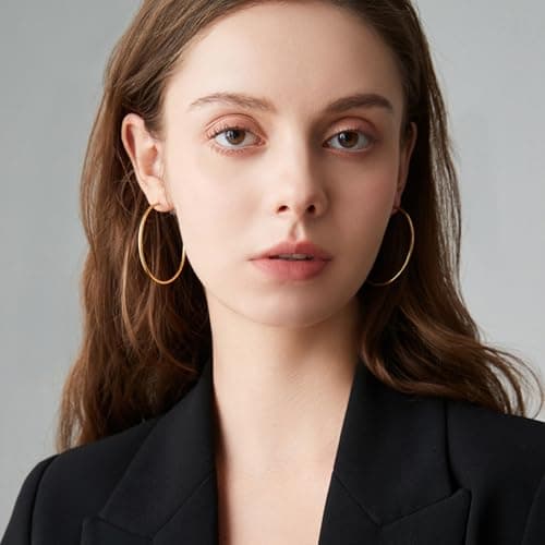 PICKBEAU Gold Large Hoop Earrings for Women | 14K Real Gold Plated Hypoallergenic Big Round Circle Hoops Women's Loop Earrings Set for Women(30/40/50/60mm) — view 5
