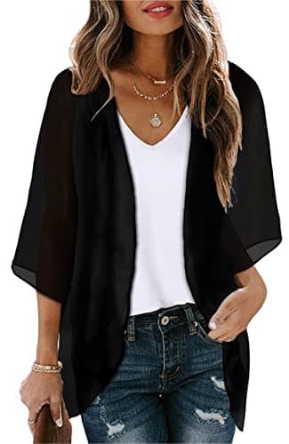 Womens Floral Kimono Cardigan Chiffon Beach Coverups Sheer Swimsuit Cover Up Casual Summer Tops(Solid Black, L)
