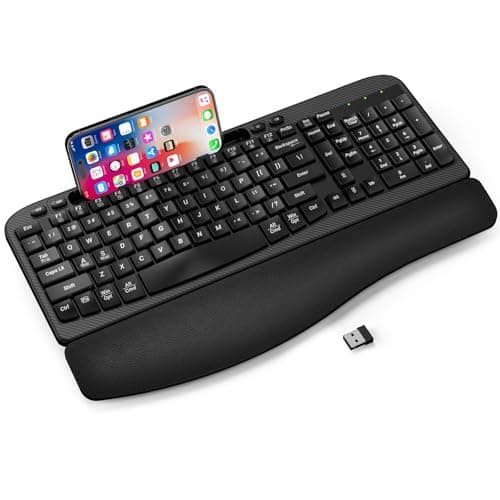 EAYBLLY 2.4G Wireless Ergonomic Keyboard, Full Size Wave Keys with Memory Foam Wrist Rest & 7.28in Phone Holder, USB-C Adapter Included for Windows Mac Chrome OS, Office or Home (Black)