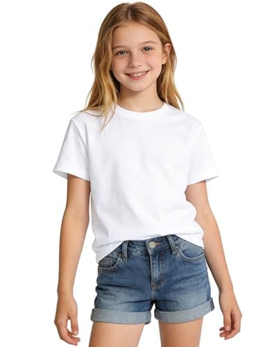 Auranso Girls Shirts Short Sleeve Cotton Kids T-Shirts Plain Basic Tee Clothes Summer Tops for Girls 7-8 Years White