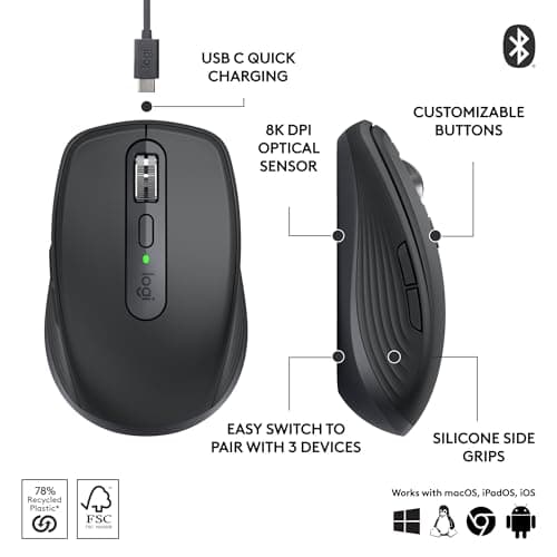 Logitech MX Anywhere 3S Compact Wireless Mouse, Fast Scrolling, 8K DPI Any-Surface Tracking, Quiet Clicks, Programmable Buttons, USB C, Bluetooth, Windows PC, Linux, Chrome, Mac - Graphite — view 5