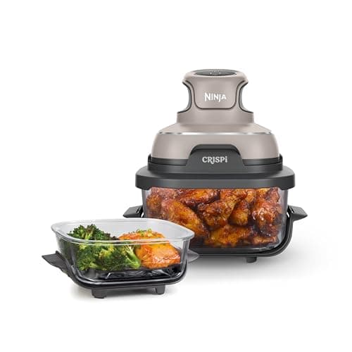Ninja Crispi 4 in 1 Glass Air Fryer, 450°F, Non Toxic, 4QT and 6 Cup Containers with Lids, Dishwasher Safe, Stone, 1 Count, FN101ST