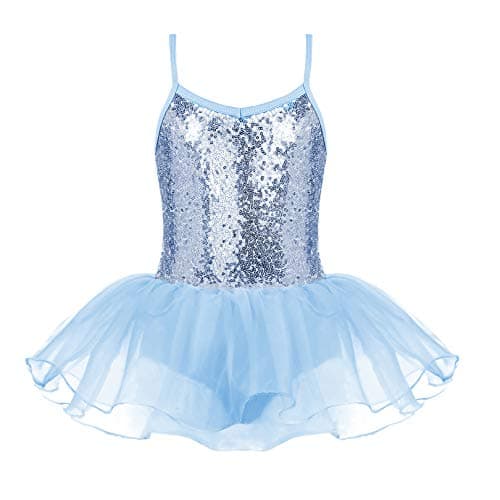 Zaclotre Girls Sequin Leotard Sparkly Strap Ballet Skirted Leotards Tutu Dress Ballerina Outfit Dance Costume Blue Size 8-9 Years
