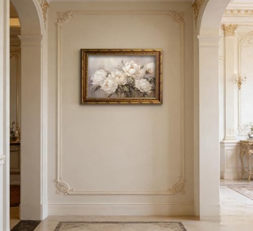 Vintage Gold Framed Vintage Flower Wall Art Retro White Floral Wall Decor Retro Peony Artwork Picture for Home Living Bedroom Farmhouse Hallway — view 3