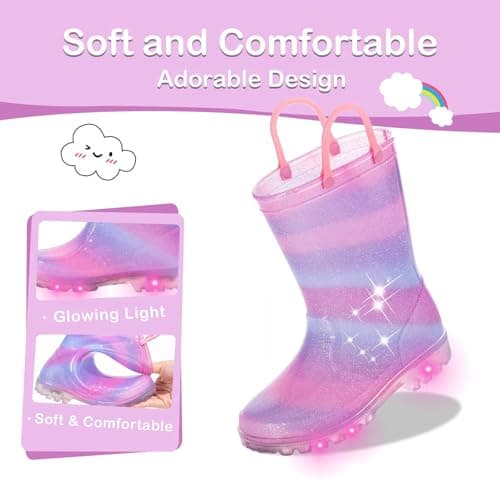Toddler Kids Rain Boots Boys Girls Light Up Waterproof Boot with Handles, Little Kid Size 11, Pink Purple Blue — view 4