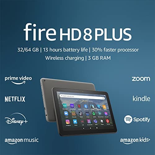 Amazon Fire HD 8 Plus tablet, 8” HD Display, 64 GB, 30% faster processor, 3GB RAM, wireless charging, (2022 release), Gray
