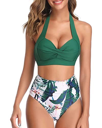 Tempt Me Women Two Piece Swimsuit High Waisted Bikini Halter Vintage Retro Bathing Suit Push up Swimwear, Neon Green, Large