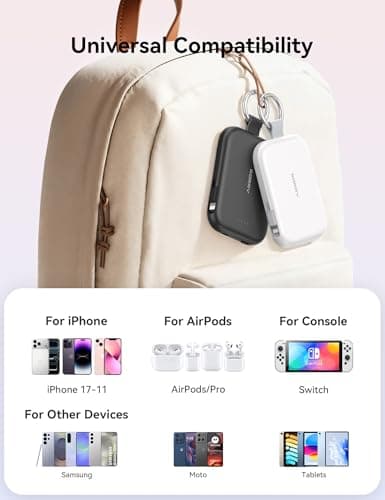 RORRY CharmGo Portable Charger, 5000mAh Portable Charger Power Bank with Built-in Cables, Travel Keychain Charger Battery Pack for iPhone 17/16/15/14/13/12, for AirPods 2/3/4/Pro, White — view 4