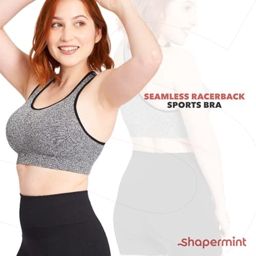 SHAPERMINT Seamless Racerback Wireless Sports Bra for Women with Removable Cups | Low Compression Womens Workout Tops | from Small to Plus Size Bras, Large, Black — view 3