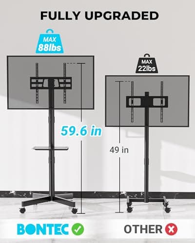 BONTEC Mobile TV Stand with Tilt Function, Rolling TV Cart for 23-60" LED, LCD, OLED TVs, Holds up to 88lbs, Max VESA 400x400mm, Adjustable Media Shelf, TV Stand for Living Room, Bedroom, Office
