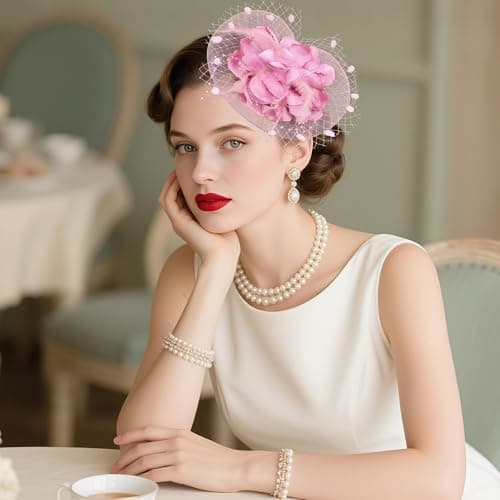 Haakong 20s Fascinators Hat for Women Tea Party Headpiece Mesh Feathers Hair Clip for Bridal Wedding (Pink) — view 3