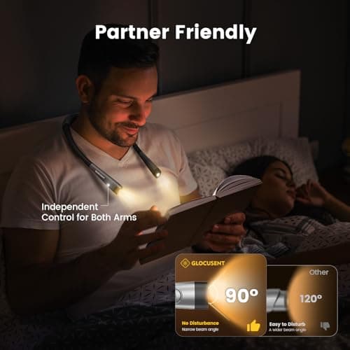 Glocusent Book Light, 3-Color & 6-Brightness Reading Light, Bendable Neck Light, 80-hr Lasting Rechargeable Book Light, Perfect Reading Lights for Books in Bed, Knitting, Repairing, Book Lovers Gifts — view 5