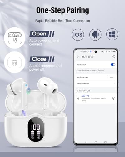 Wireless Earbuds, Bluetooth 5.4 Headphones Bass Stereo, Ear Buds with Noise Cancelling Mic, LED Display in Ear Earphones Clear Calls, IP7 Waterproof Bluetooth Earbuds for Phones/Sports/Laptop, White — view 5