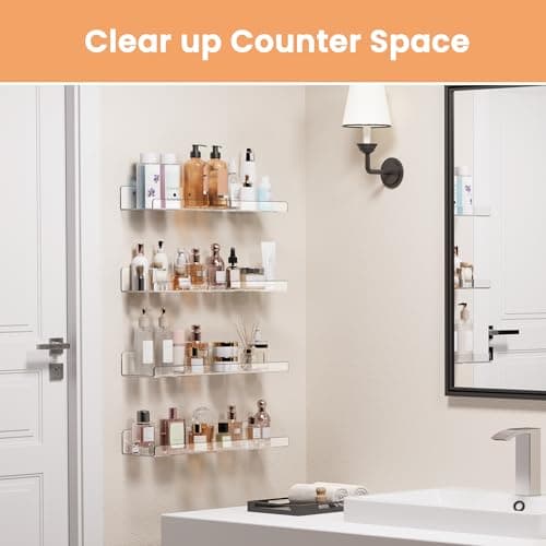 upsimples Clear Acrylic Shelves for Storage, 15" Floating Shelves Wall Mounted for Kids Bookshelf/Display Ledge for Bedroom, Living Room, Bathroom, Kitchen, Set of 4 — view 2
