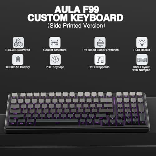 AULA F99 Wireless Mechanical Keyboard,Gasket Structure Hot Swappable Custom Keyboard,RGB Backlit,Creamy Sound,Side Printed PBT Keycaps,2.4GHz/USB-C/BT5.0 Computer Gaming Keyboards
