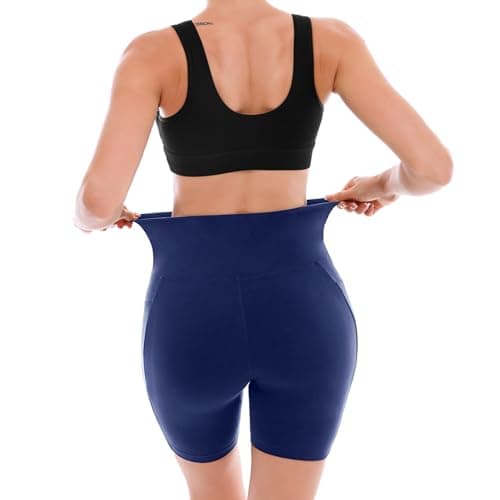 SINOPHANT High Waisted Women Biker Shorts - 6” Buttery Soft Elastic Tummy Control Shorts for Gym, Yoga, Workout(Pockets, S-M, Navy)