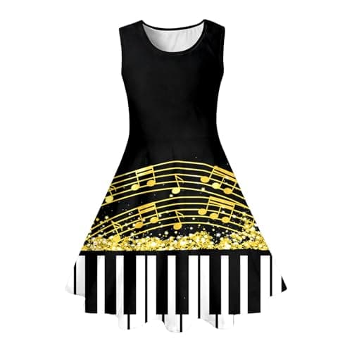 Girls' Sleeveless Music Dress Piano Keys and Notes Graphic Print Skater Dress Summer Party Dress — view 3