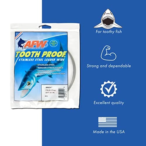 American Fishing Wire Tooth Proof Stainless Steel Single Strand Leader Wire, Size 8, Bright, 86 Pound Test, 30-Feet