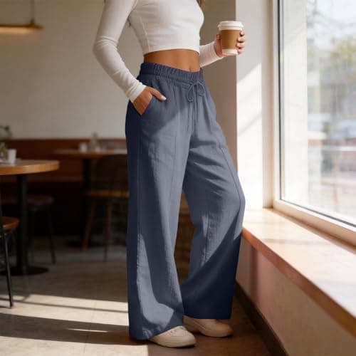 Rseomihvy Women's Cotton Linen Pants Summer Straight Wide Leg Trousers Drawstring Elastic Waist Loose Beach Vacation Outfits Dark Gray — view 4
