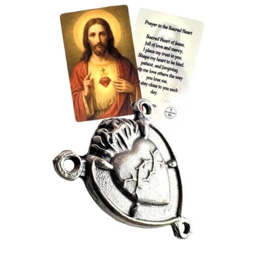 Westmon Works Sacred Heart of Jesus Centerpiece Italian Metal Rosary Center with Laminated Made in the USA Holy Prayer Card — view 3