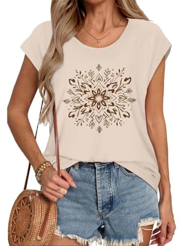 ADOREJOY Womens Cap Sleeve T Shirts Summer Tops Casual Crew Neck Loose Fit Tee Blouse（Apricot Floral，S）