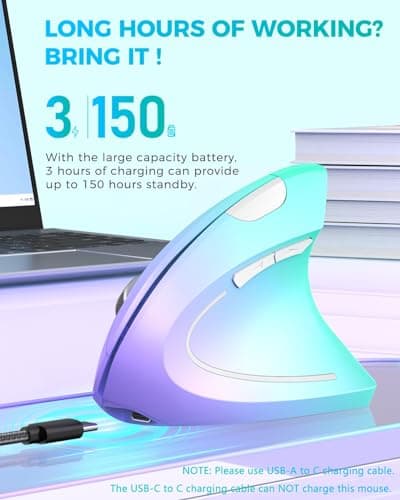 Lekvey Ergonomic Mouse, Vertical Wireless Mouse, Rechargeable 2.4G Optical Carpal Tunnel Mice: 800/1200 / 1600 DPI, 6 Buttons, for Laptop, PC, Mac, Computer, Desktop, Notebook etc, Green Purple — view 3