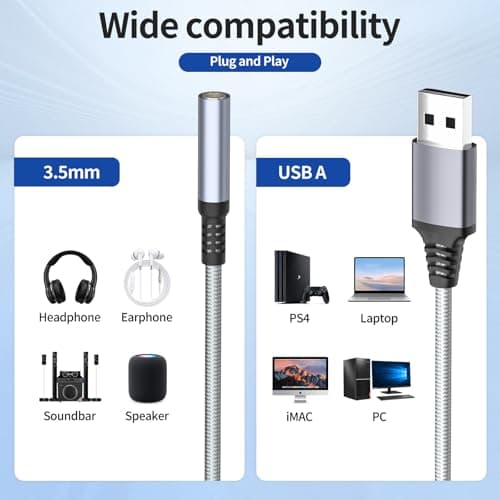 USB to Audio Jack Adapter, External Sound Card Jack Audio Adapter, USB-A to 3.5mm TRRS Female Headset for PS4/PS5/Headphone/Mac/Linux/PC Windows/Laptop/Desktops/Docking Station/iOS/Vista/(Gray) — view 5