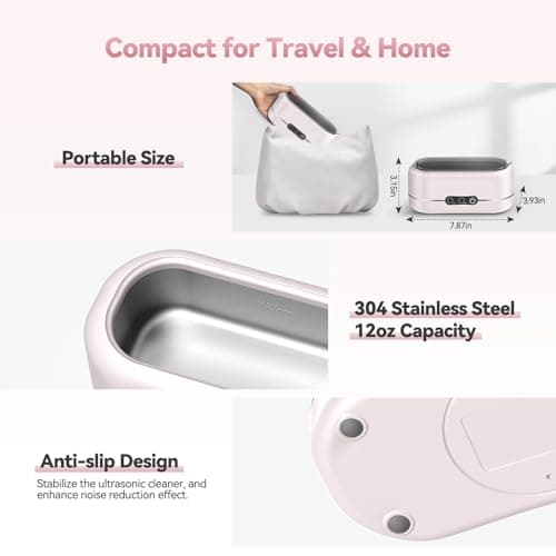 BYASKZIV Ultrasonic Cleaner, Upgraded 50KHz Ultrasonic Cleaner Machine with 304 Stainless Steel for Jewelry, Eyeglasses, Rings, Watch Strap, Dentures, Dual Cleaning Modes - Pink — view 5