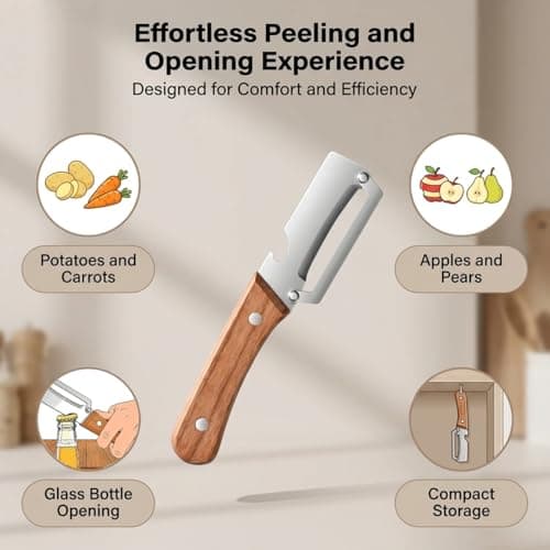 2 Pack Multifunctional Vegetable Peeler, 2-in-1 Kitchen Peeler with Bottle Opener, Sharp Stainless Steel Swivel Blade, Wooden Handle, for Potato, Carrot, Apple & Fruits — view 5