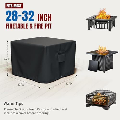SHINESTAR Fire Pit Cover Square 32" x 32" x 24" - 600D Heavy Duty Waterproof & Windproof Outdoor Firepit Table Cover with Double Drawstrings for 28-32 Inch Square Fire Pits - Black — view 2