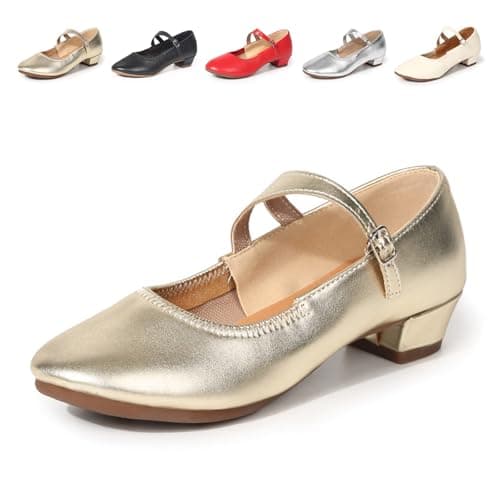 Women’s Latin Ballroom Dance Shoes Ballet Heels, Mary Jane Pumps with Ankle Strap - Chunky Low Heel Closed Toe for Women Wedding Party Tango Practice (Gold,8.5)
