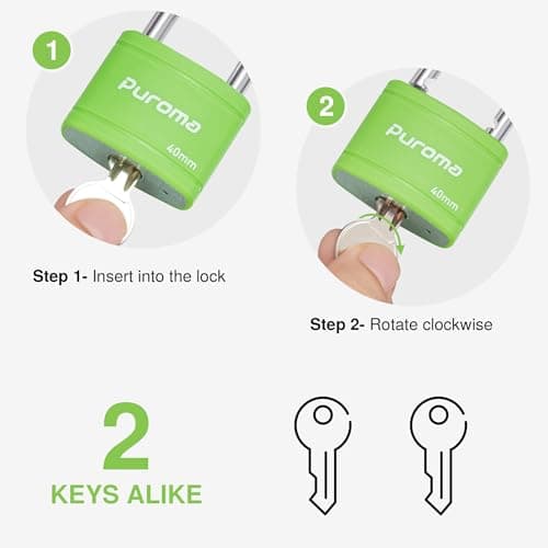 Puroma Keyed Padlock with 2 Keys Alike, 7/8 Inch Locker Lock 40mm Heavy-Duty Locks for School Gym Locker Gate Fence Hasp Cabinet Toolbox (Green) — view 2