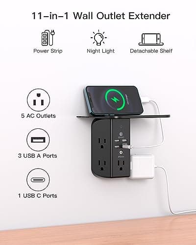 Wall Outlet Extender with Shelf and Night Light,Surge Protector,USB Wall Charger with 5 USB Outlets and 3 USB Ports 1 USB C Outlet