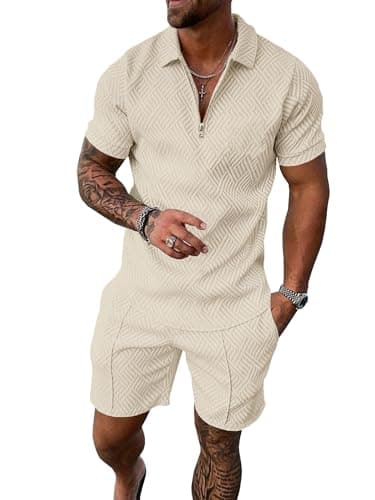 UOUA Men's 2 Piece Summer Polo & Shorts Set Quarter Zip Track Suit for Golf Lounging Casual Outfits Beige M