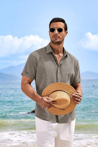 COOFANDY Men's Linen Shirts Short Sleeve Casual Button Down Shirt for Men Untucked Shirt Summer Vacation Brown — view 3