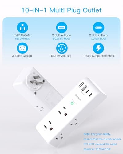 Surge Protector Outlet Extender - with Rotating Plug, 6 AC Multi Plug Outlet with 4 USB Ports (2 USB C), 1800 Joules, 3-Sided Swivel Power Bar with Spaced Splitter for Home, Office, Travel — view 2