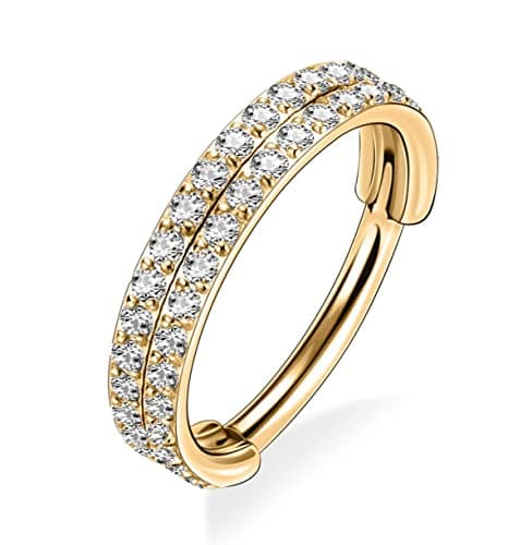 Yrogcu 18G Gold 10mm Hinged Nose Ring Hoop Double Row Diamonds Septum Piercing Jewelry Cartilage Earrings Stainless Steel Helix Earring Hoop Daith Lip Eyebow Belly Ring with Shiny Clear CZ