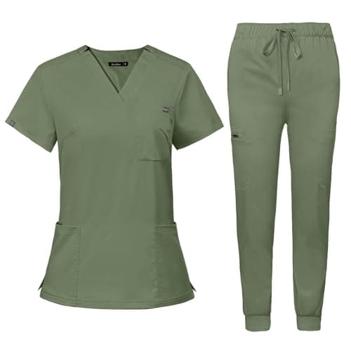 niaahinn Women's Scrub Top with Classic V-Neck & Yoga Jogger Pants Medical Nursing Uniform Set, Olive Green, Small