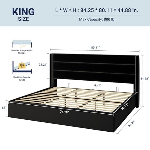 Allewie King Size Velvet Lift Up Storage Bed, Modern Wingback Headboard, Hydraulic Support, No Box Spring Needed, Black