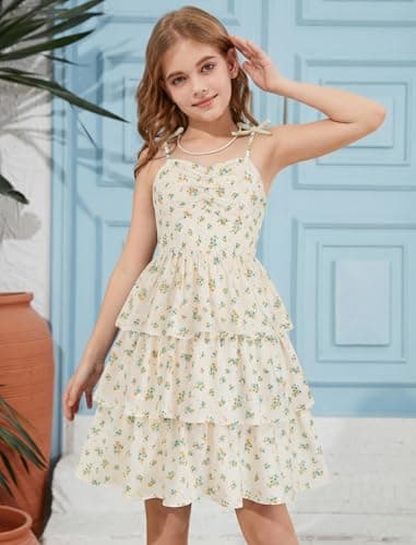 HOZIY Vestidos para Niñas Girls Summer Spring Boho Yellow Floral Semi Formal Party Dress Tween Ruffle Tiered Smocked Dresses Short Sundress Size 9-10