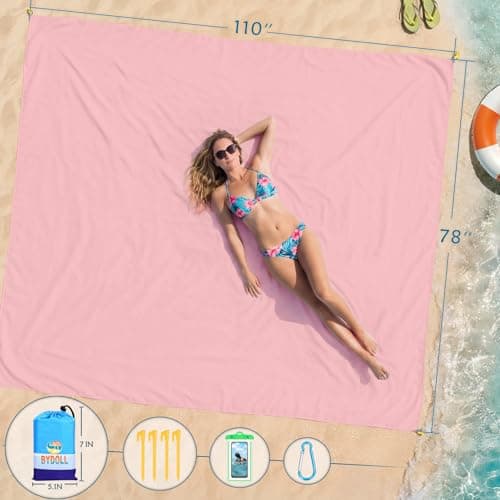 BYDOLL Beach Blanket Waterproof Sandproof Large Sand Free, 78''X110'' Oversized Sandless Lightweight Blanket Picnic Mat for Beach Travel Camping Hiking with Stakes