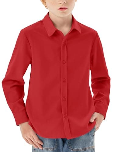 Haloumoning Boys Long Sleeve Dress Shirts Kids Classic Collared Button-Down Shirt School Uniform Shirts 5-14 Years, Red, 13-14 Years