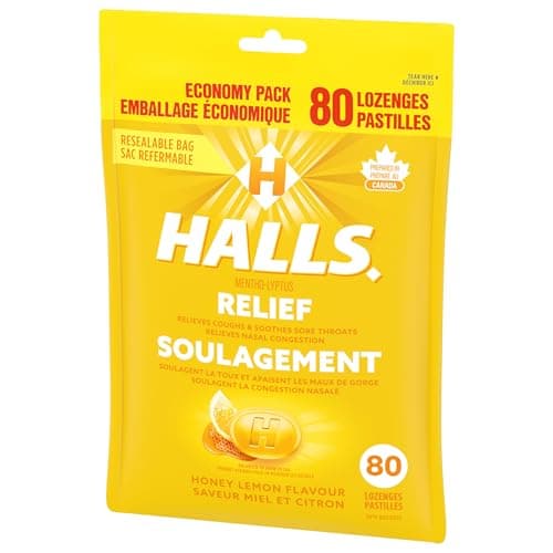 HALLS Honey Lemon Flavour Cough Drops, Throat Lozenges, Sore Throat Relief, Mentho-Lyptus, 80 Lozenges, Prepared in Canada — view 10