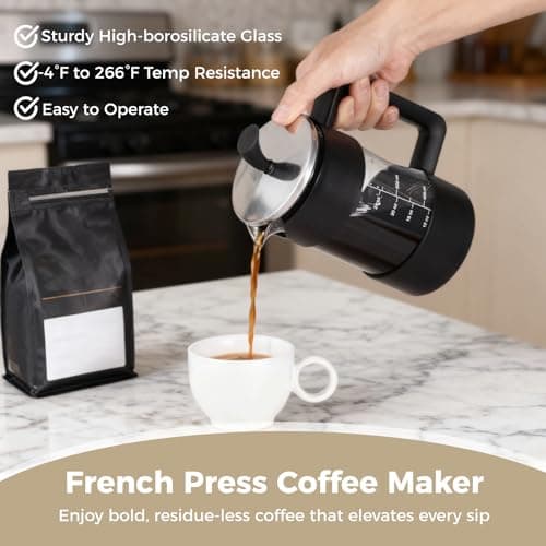 Press Coffee Maker, 34 oz Heat Tolerant Thickened Borosilicate Glass Coffee Pot, Tea Maker with Fine 80 Mesh Filter and No drip Spout, Large Capacity Brewer for Home and Office — view 3