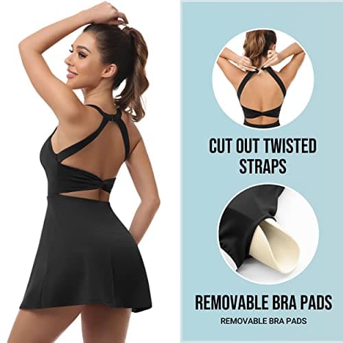 Womens Workout Tennis Dress with Built in Shorts and Bra Athletic Golf Activewear for Exercise, Black, Large — view 3