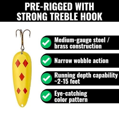 LUCKY STRIKE | Devil Bait Spoon Fishing Lure for Bass, Northern Pike, Panfish, Salmon, Triple Sharp Hooks,Alloy Steel Made in Canada (Size 1.5, Yellow Red Diamond Nickel) — view 3