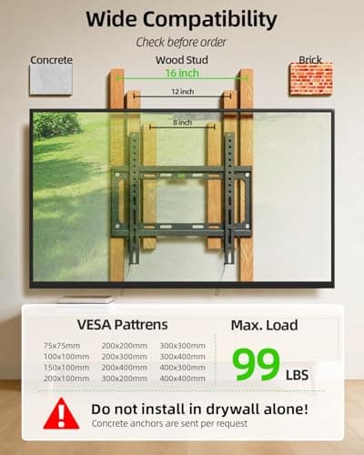 USX MOUNT Fixed TV Wall Mount with Low Profile for Most 26-60" Flat Screen TVs, Wall Mount TV Bracket with VESA Up to 400x400mm and 99lbs Loading, TV Mount Fits 8", 16" Wood Studs XFM009
