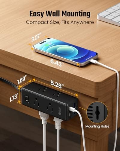 20 Ft Extension Cord with Multiple Outlets, Long Extension with 6 Outlets 4 USB Ports(2 USB C), Flat Plug Surge Protector Power Strip for Home, Office Supplies, Dorm Essentials, Black — view 3